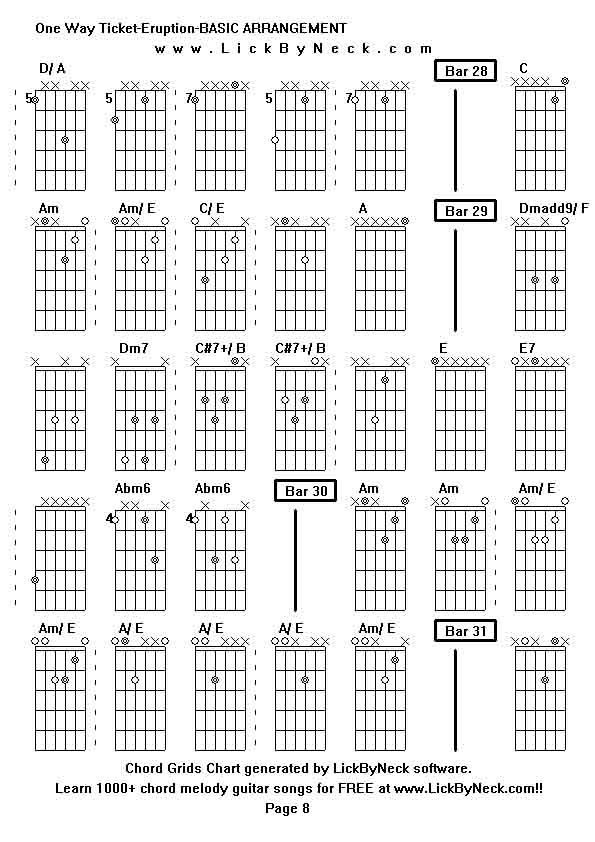 Chord Grids Chart of chord melody fingerstyle guitar song-One Way Ticket-Eruption-BASIC ARRANGEMENT,generated by LickByNeck software.